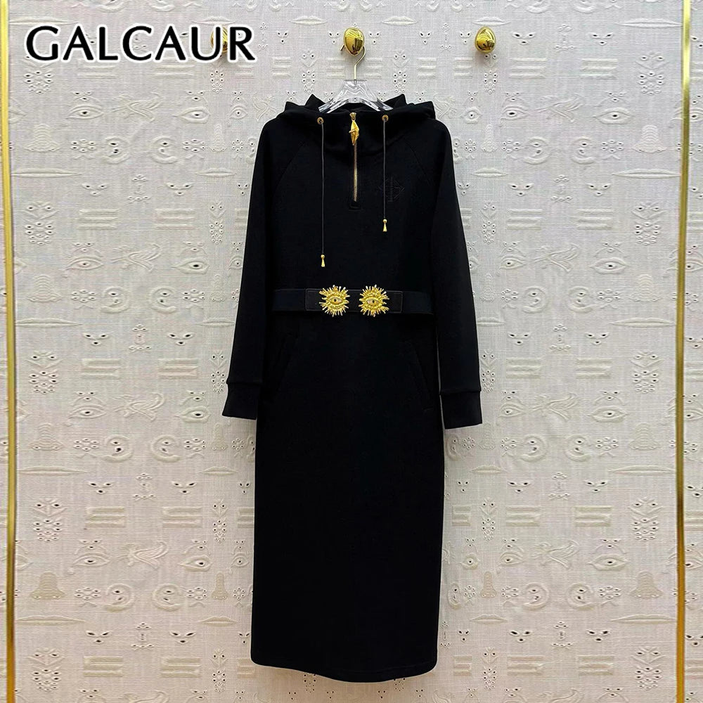 GALCAUR Solid Spliced Sashes Chic Dress Female Hooded Long Sleeve Loose Elegant Casual Women's Dresses Autumn Fashion New Style