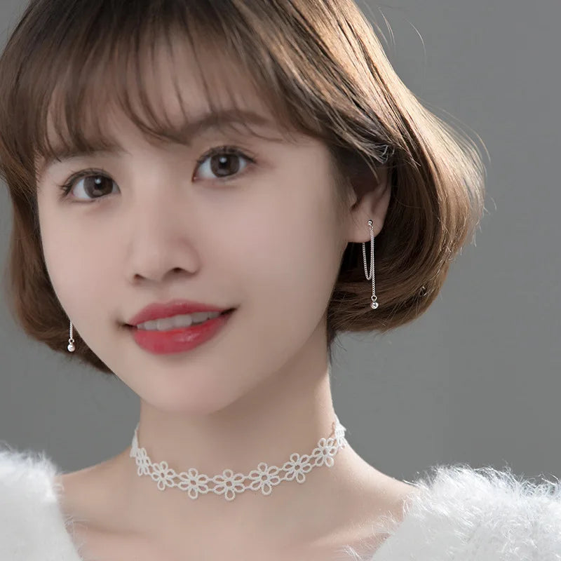 VOQ Silver Color Round Bead Chain Long Earrings Minimalist Textured Elegant Drop Earrings Female Jewelry Girls Gifts