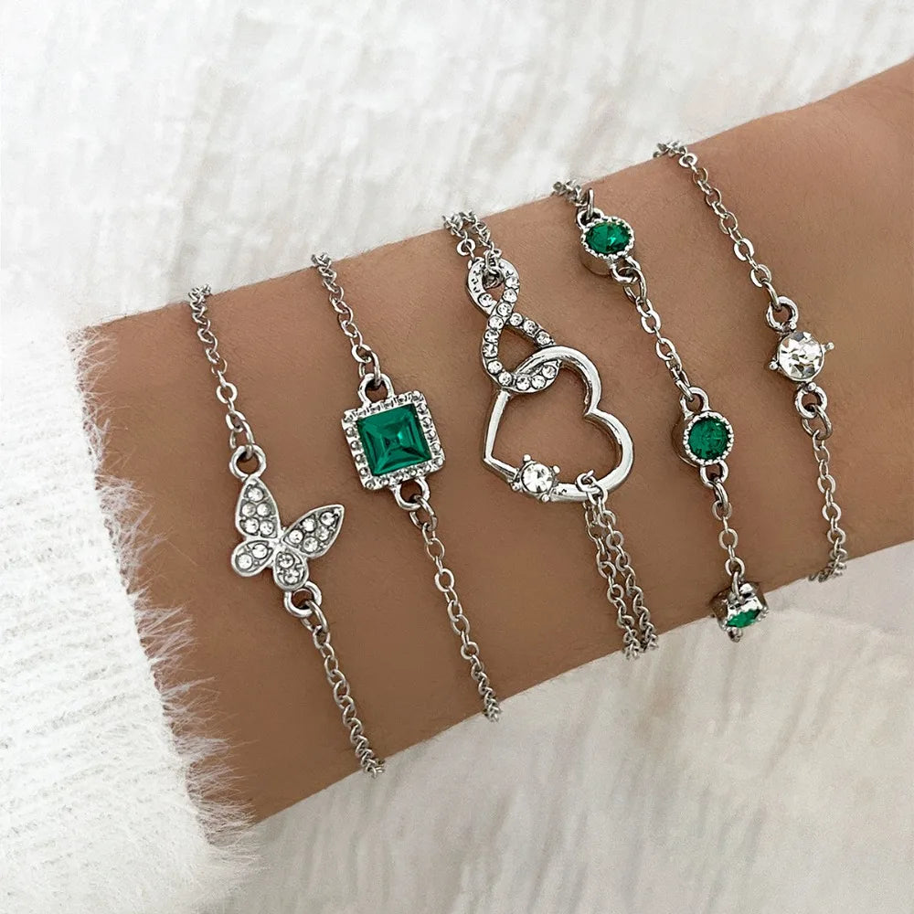 5Pcs/Set Halloween Heart Green Crystal Stone Bracelet Set for Women Gold Color Lovely Butterfly Rhinestone Girls Bracelet Set