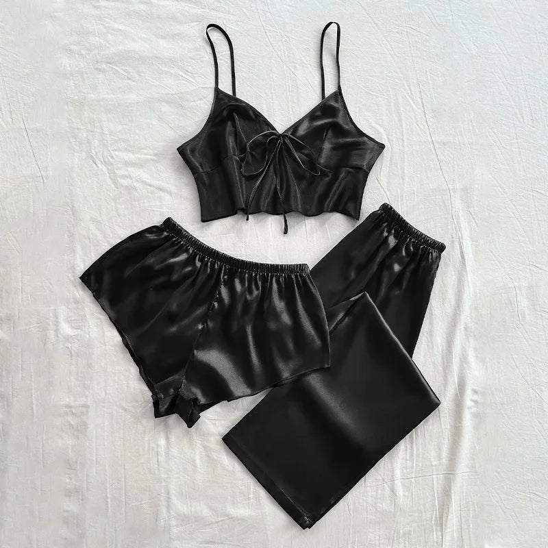 Summer New Women's Sleepwear 3PCS Pajamas Set Sexy Strap Top&shorts Trouser Suits Loungewear Ice Silk Lingerie Home Clothes