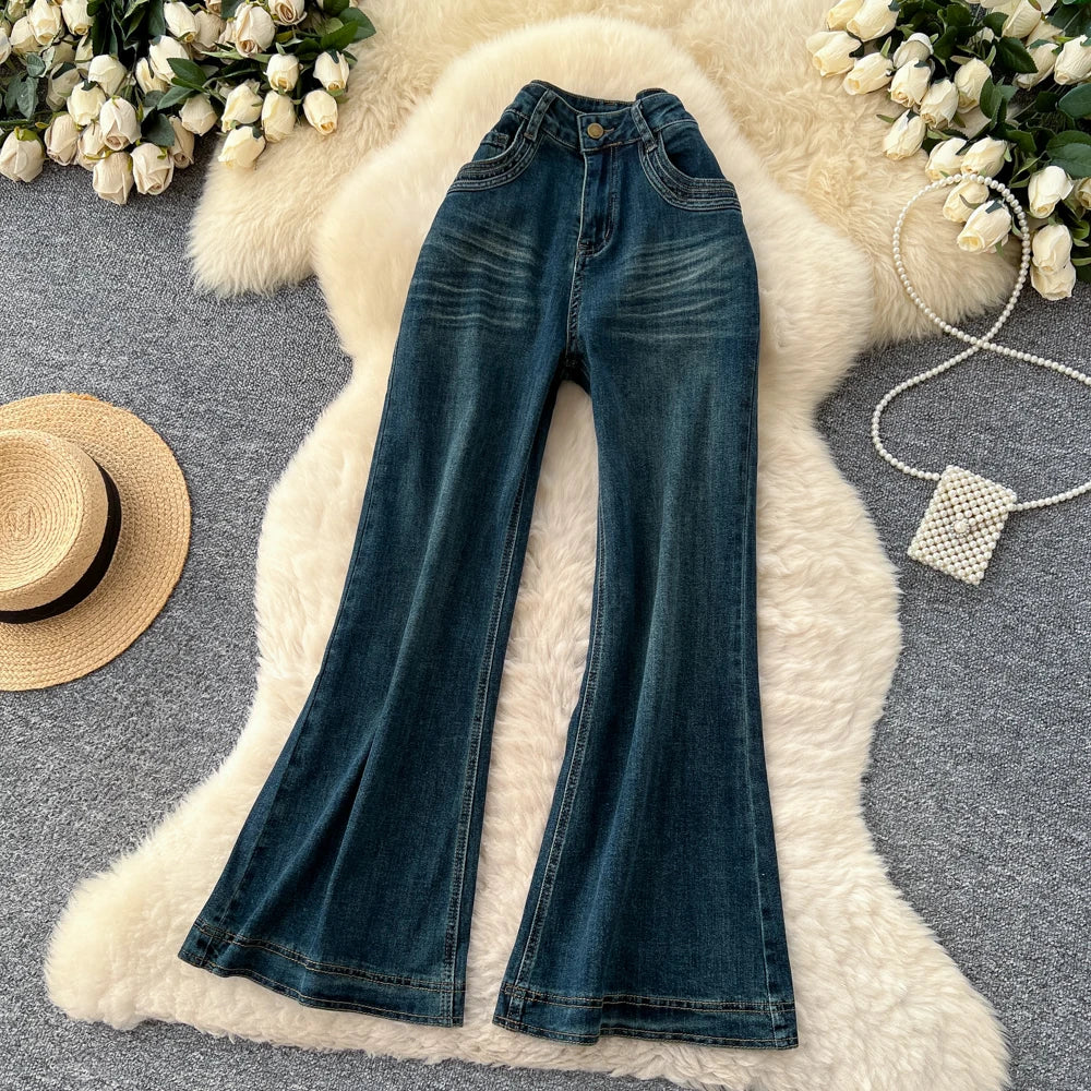 SINGREINY Female Do Old Vintage Jeans Zipper Casual Trendy Street Long Pants Chic High Waist Classic Versatile Boot Cut Trousers