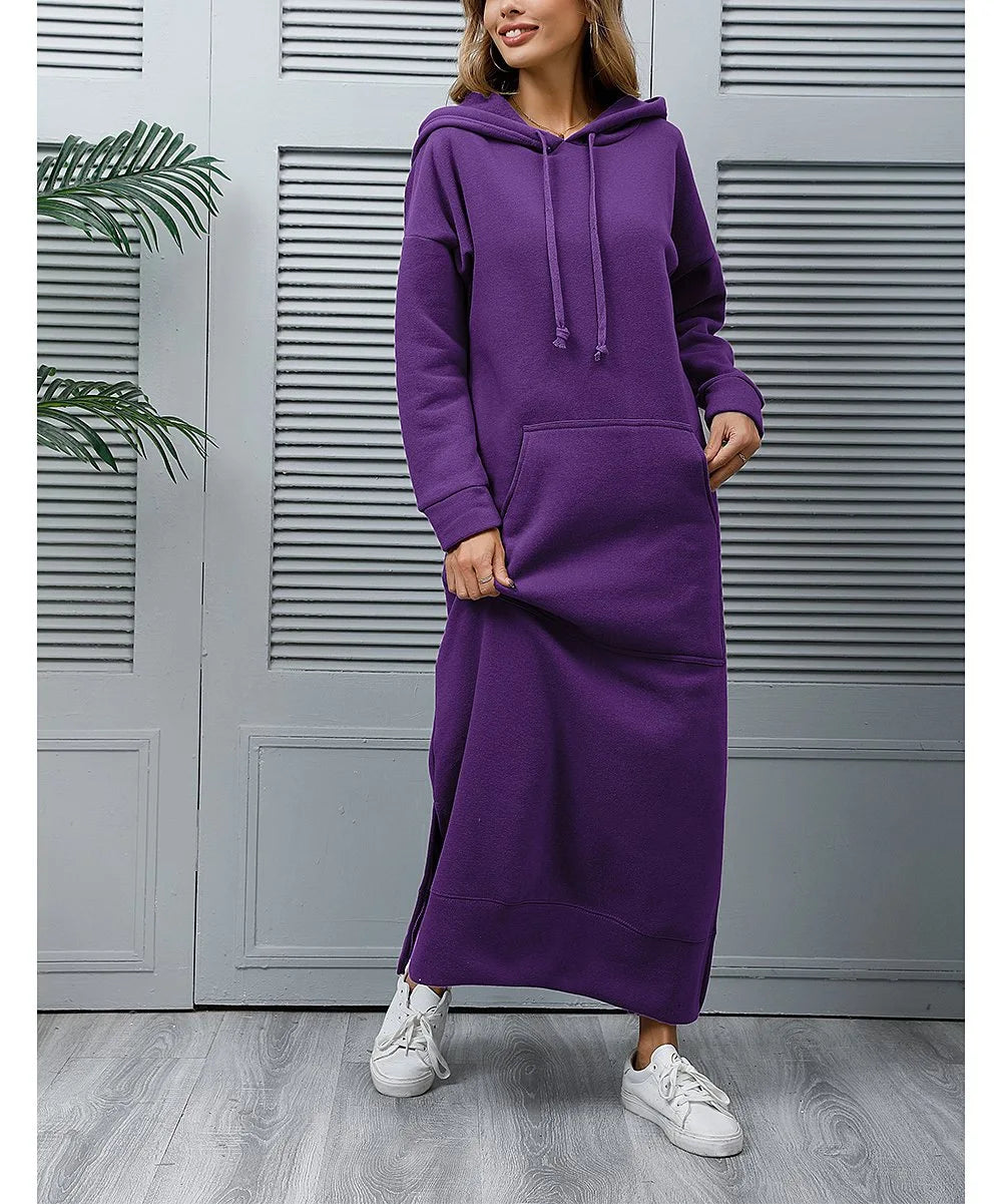 Autumn Winter New plus Size Loose Knitted Long Dress Hoodie Fleece Casual Fashion Dress Large Pocket Skirt Elegant Commute