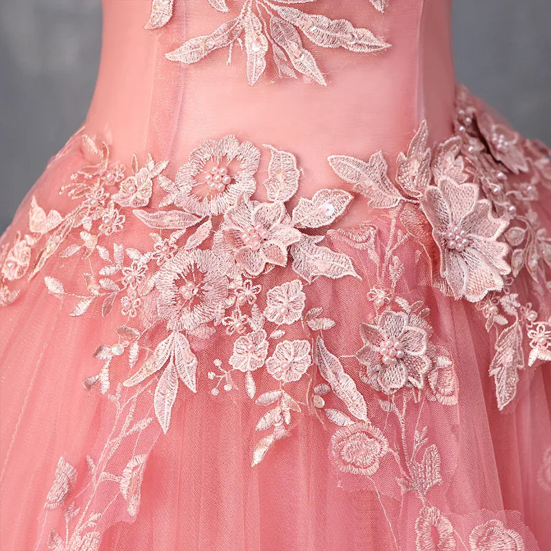 Short Evening Gown with Flared Skirt, Pink Wedding Bridesmaid Dress, Off-Shoulder Short Sleeve, Slimming Hostess Gown for Women