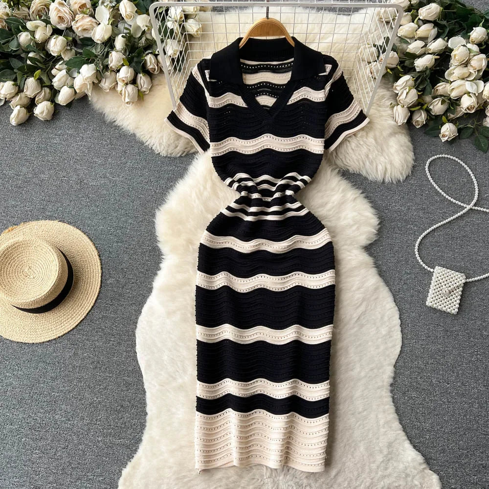Short Sleeves Striped Long Dress Lapel Neck Hollow Out Slim Bodycon Sundress Fashion Hotsweet Knitted Beach Midi Dress
