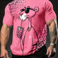 Men's Plus Size Casual Sports Tee - Pink Leopard Print with Stylish Cartoon Rat Graphic,Polyester,Machine Washable,Workout