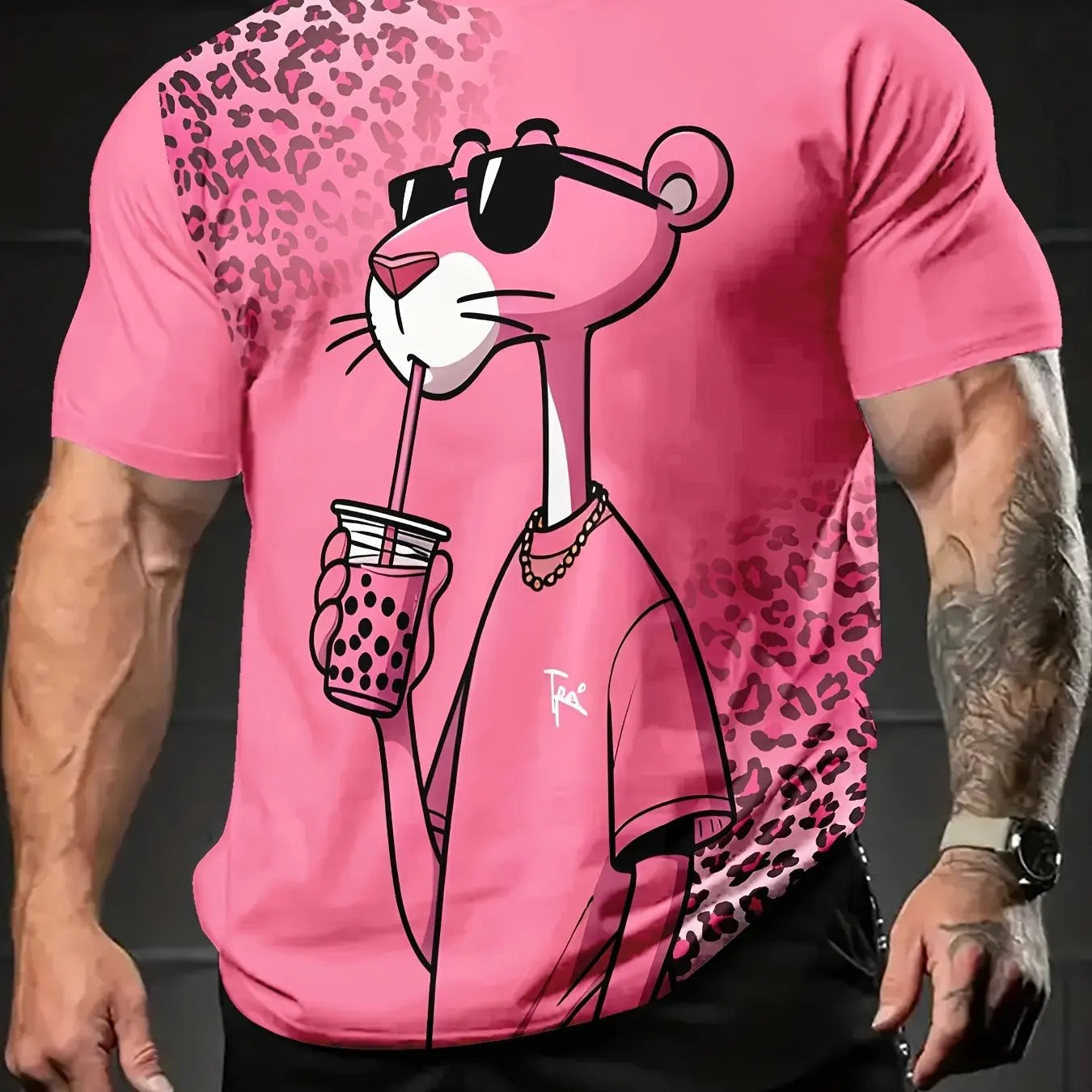Men's Plus Size Casual Sports Tee - Pink Leopard Print with Stylish Cartoon Rat Graphic,Polyester,Machine Washable,Workout