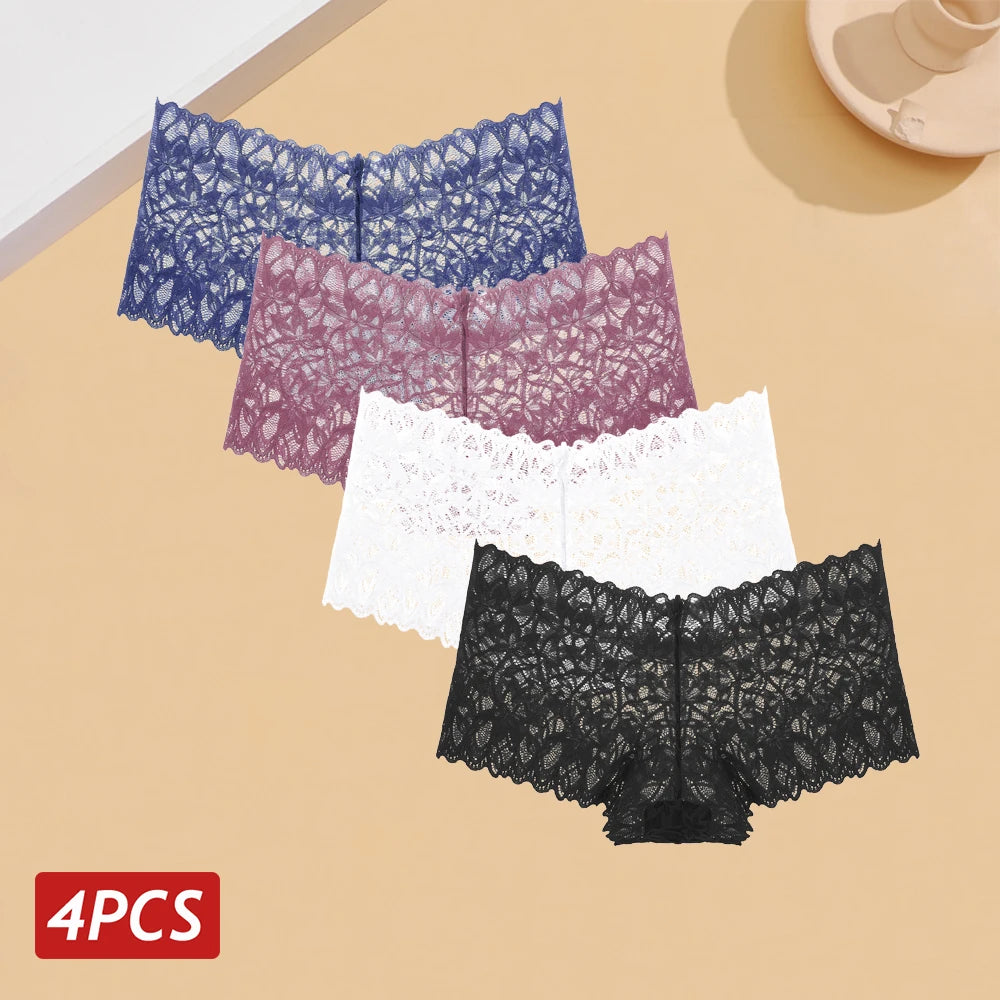 4PCS Women Floral Lace Panties Sexy Perspective Underwear V Waist Solid Color Underpants Female Breathable Intimates Lingerie