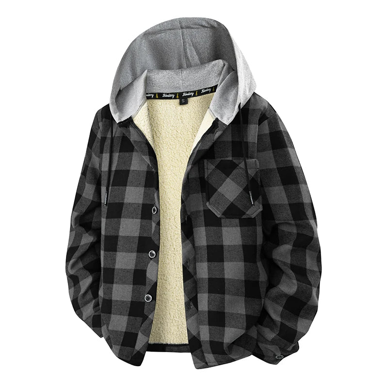 Plaid hooded contrasting color long sleeve zipper pocket cardigan men's casual stylish jacket top