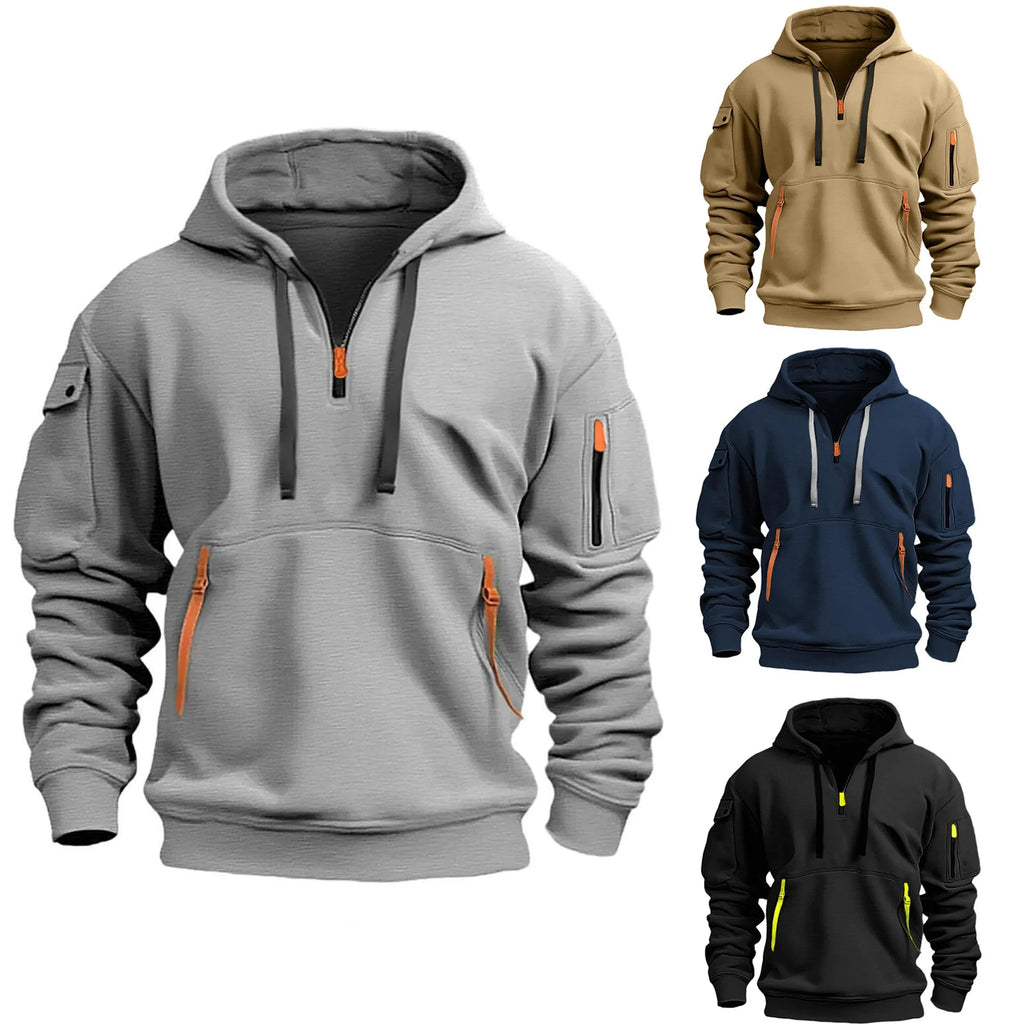 Half Zipper Men's Tactical Hoodies Solid Warm Fleece Military Sweatshirts Multi Pockets Male Hooded Jackets Thick Outdoor Polar