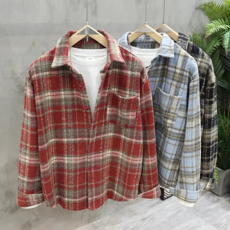 Retro American Plaid Long Sleeve Shirt Women's Lazy Style Loose Slimming Versatile Flannel Coat with Pocket Full Length Button u