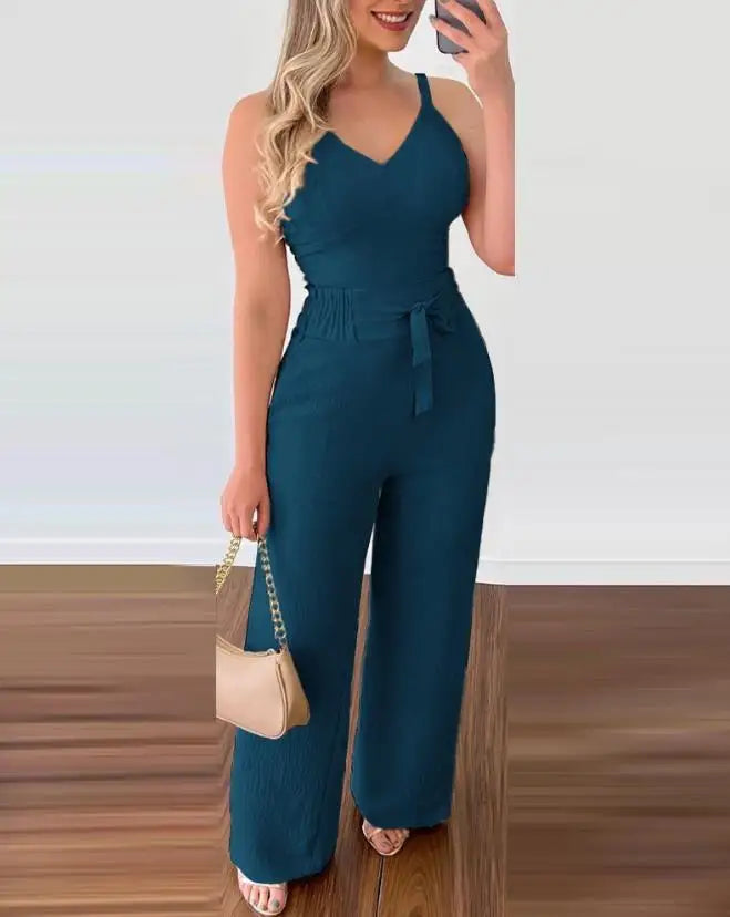 Women's Casual Summer Two-Piece Solid Color V-Neck Elastic Vest Top and High Waisted Pocket Tied Wide Leg Commuting Pants Set