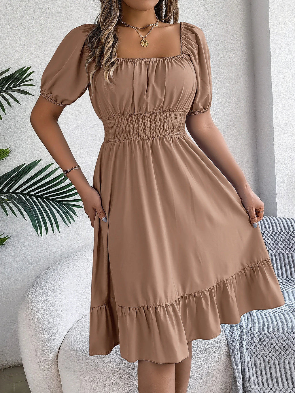Spring Summer Elegant High Waisted Dress Square Neck Short Sleeved Ruffled Edge Long Dresses for Women 2026 Valentine's Day