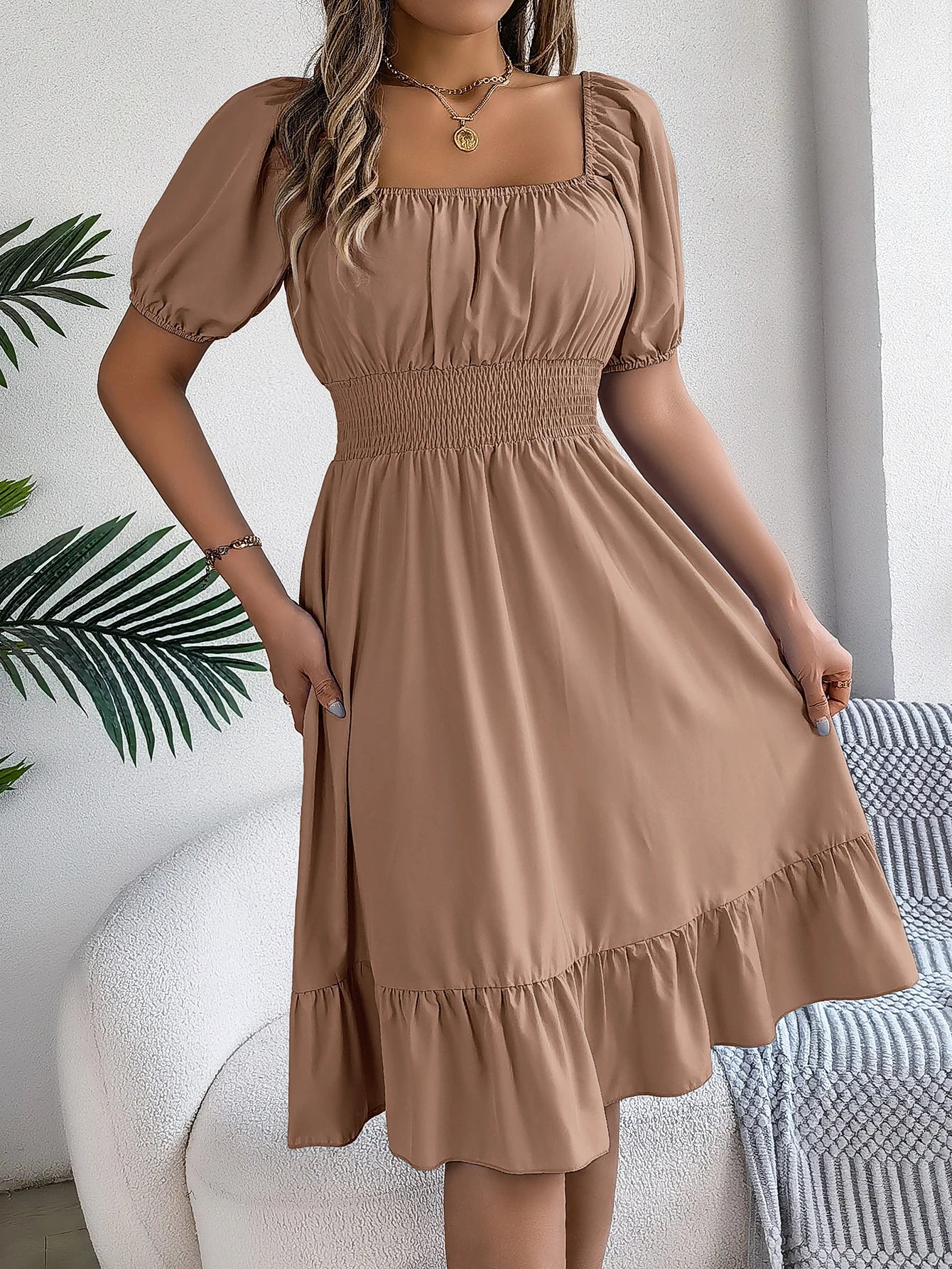 Spring Summer Elegant High Waisted Dress Square Neck Short Sleeved Ruffled Edge Long Dresses for Women 2026 Valentine's Day