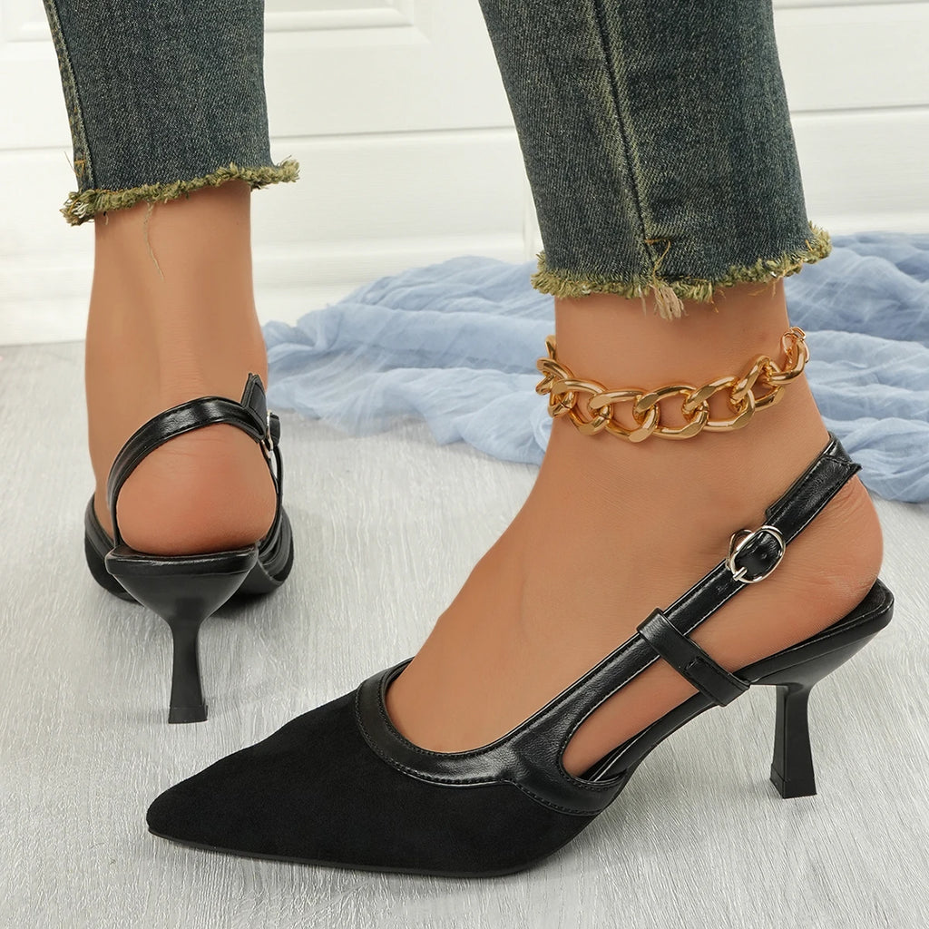Women Sandals Satin Pointed Back Empty Women Shoes 2025 Summer One-word Buckle Sexy High Heels Women Sandalias Mujer Zapatos