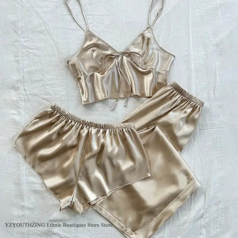 Summer New Women's Sleepwear 3PCS Pajamas Set Sexy Strap Top&shorts Trouser Suits Loungewear Ice Silk Lingerie Home Clothes