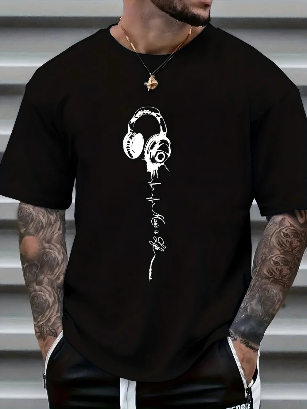 Men's summer earphones with letter print, breathable and comfortable round neck T-shirt, outdoor sports and leisure top