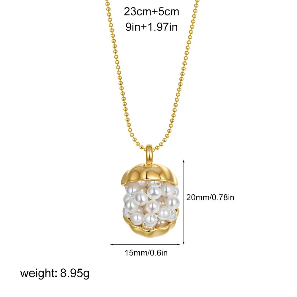 18K Gold Plated Pearls Pendant Necklace Waterproof Stainless Steel Round Bead Chain Chunky Geometric Femal Party Jewelry Gifts