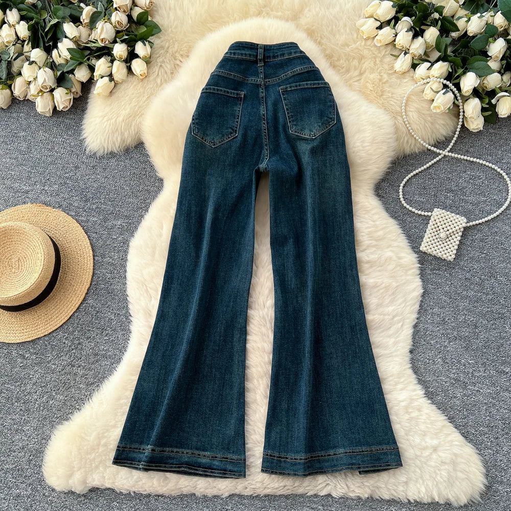 SINGREINY Female Do Old Vintage Jeans Zipper Casual Trendy Street Long Pants Chic High Waist Classic Versatile Boot Cut Trousers