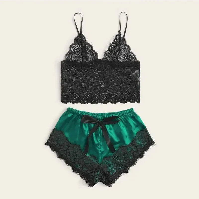 Women's 2 Piece Sexy Lace Pajama Set See-through Bralette Cami Top And Shorts Breathable Sleepwear Plus Size Summer Lingerie