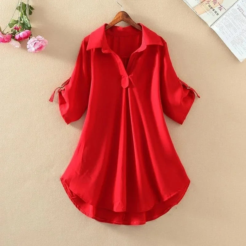 Women's Slimming Chiffon Top 2024 Summer New Style Medium-Length Short Sleeves Plus Size Loose-Fit Waist-Fitted Shirt