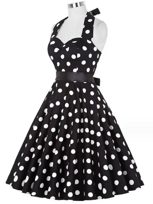 Women Summer Polka Dot Vintage Dress Fashion Party Office Lady Rockabilly Big Swing Halter Clothes