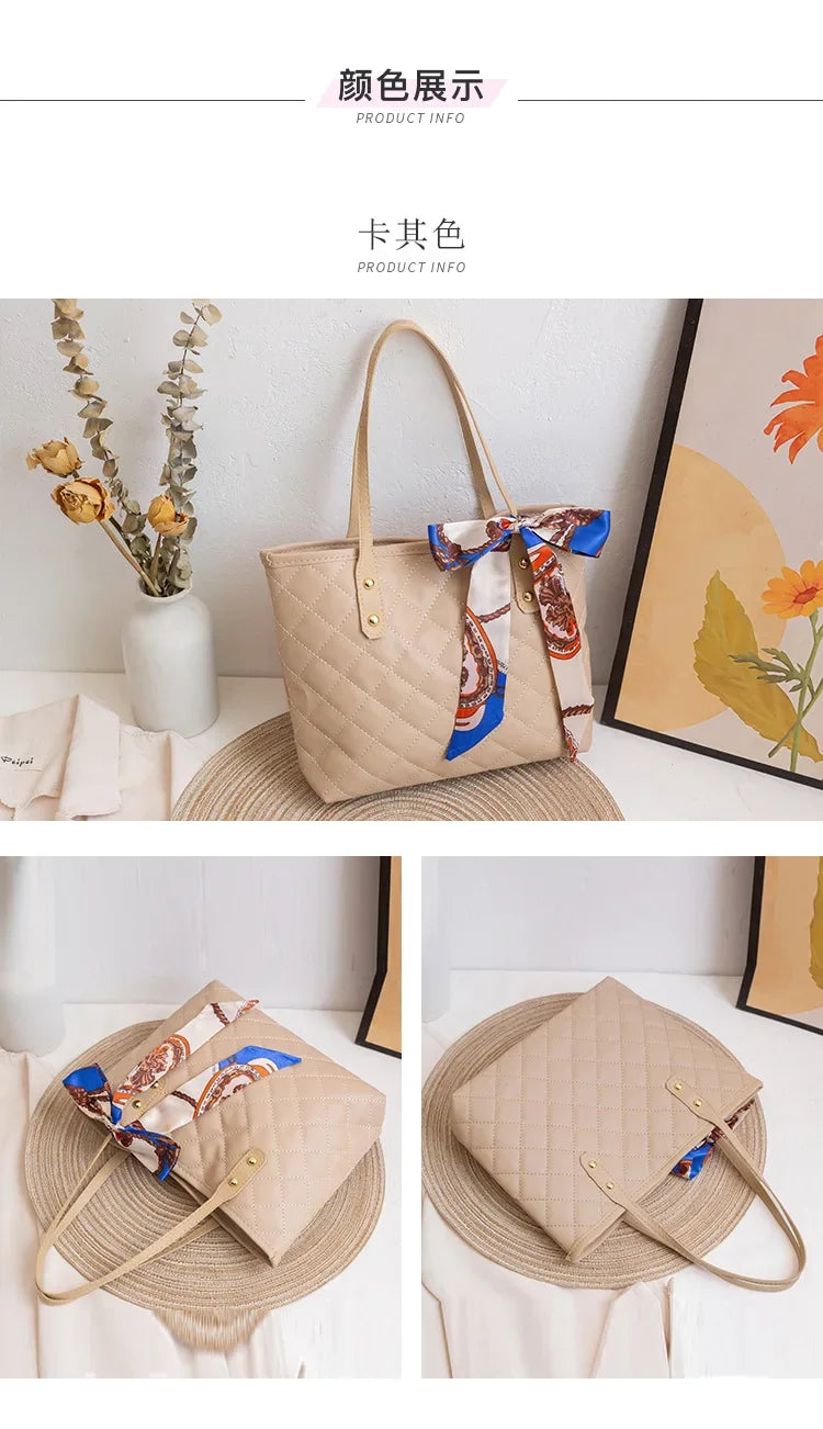 Embroidered Women's Handbag PU Leather Large Capacity Bucket Bag Fashion Beach Tote with Silk Scarf Gift Elegant Daily Use Purse