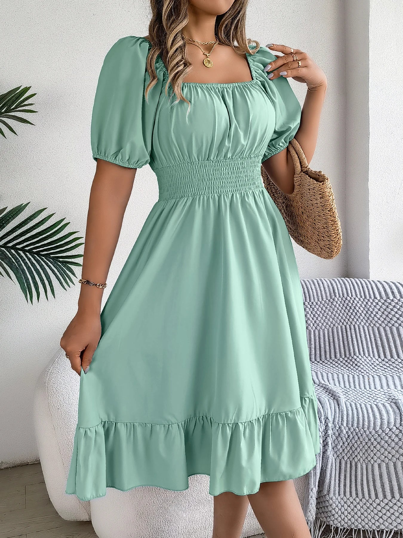 Spring Summer Elegant High Waisted Dress Square Neck Short Sleeved Ruffled Edge Long Dresses for Women 2026 Valentine's Day
