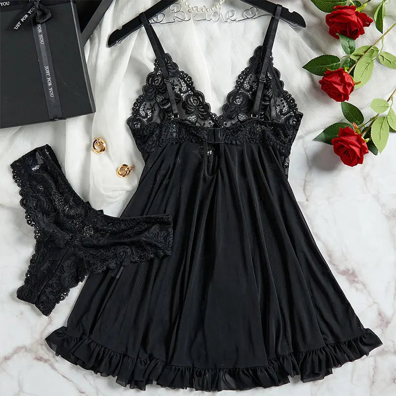 Suspender Suit Summer Ultra-thin Nightgown Lace Thong Sets Women's Sexy Pyjamas Lingerie Hot Night Dress Comfortable Sleepwear