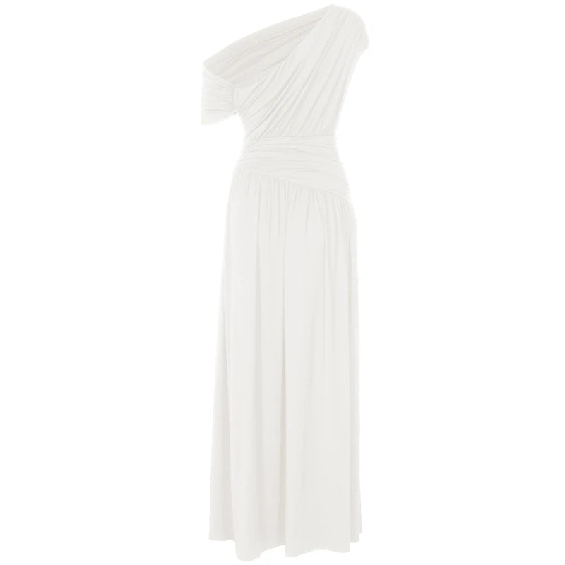 Hugcitar One Shoulder Ruched Sleeveless Solid Pleated Sexy Irregular Y2K Maxi Dress Summer Elegant Party Women Clothes Vacation