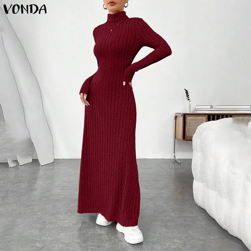 VONDA Women Turtleneck Sweater Dresses Autumn Long Sleeve Knitted Maxi Vestidos Elegant Office Streetwear Solid Party Robe Femme