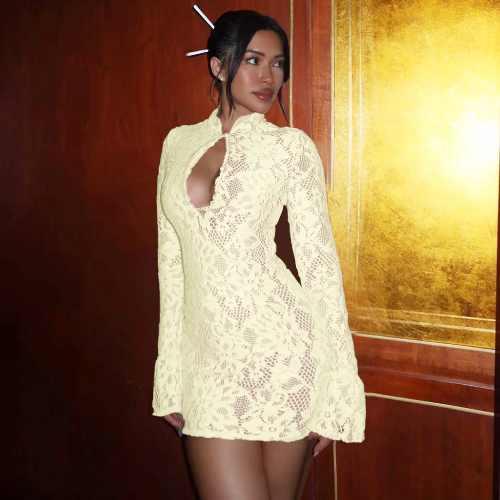 Hugcitar Turtleneck Long Flare Sleeve Patchwork Lace Hollow Out Button Sexy Mini Dress 2025 Spring Women Clothes Party Nightclub