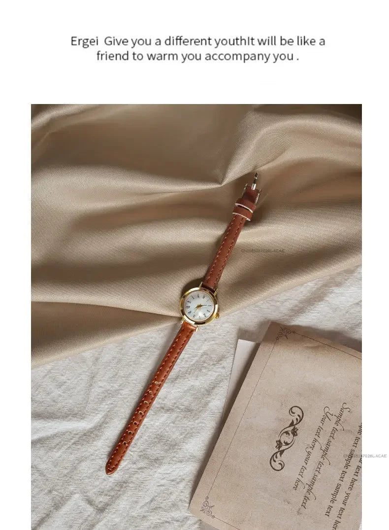 Women Brown White Small Round Watches Versatile Thin Strap Leather Band Ladies Quartz Watch Wristwatch Clock Reloj Mujer
