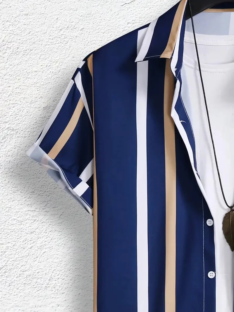 Summer Men's Shirts Hawaiian Blouse Stripe Print 2025 New Short Sleeve Single Breasted Oversized Tops Camisa Clothing Buttons