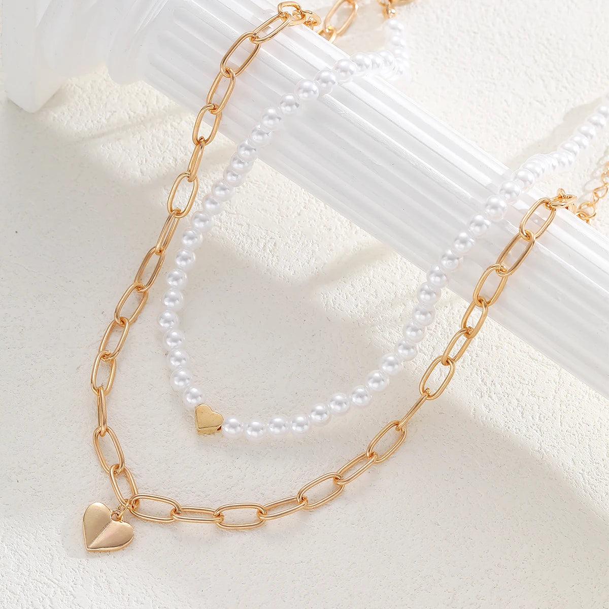 2 Pcs/Set Punk Gold Color Heart Pendant Necklace for Women Fashion Pearl Beaded Chain Choker Necklace Y2K Jewelry Gifts 2026 New