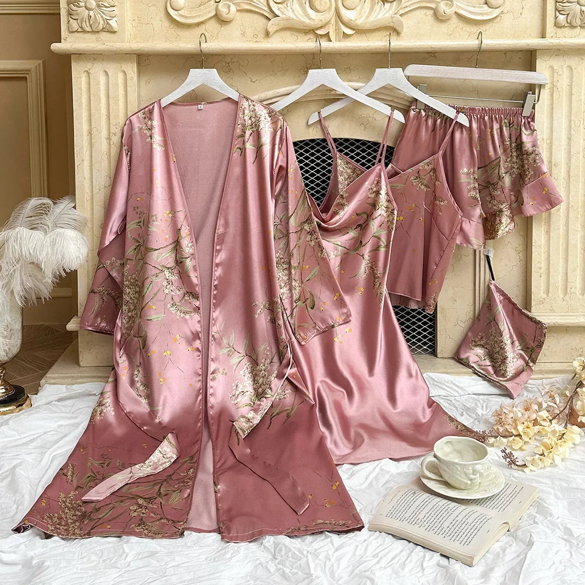 Women's Cherry Print Loungewear 5-Piece Set - Lightweight Robe, Camisole, Shorts & Dress (Minimalist Homewear Collection)