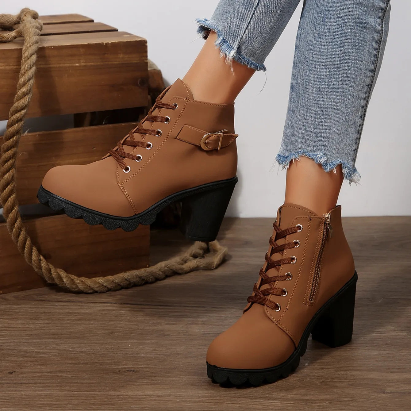 2025 Women High Heel Ankle Boots Autumn Lace Up Comfortable Short Boots Retro Fashion New Trend Lady Shoes Women Botas De Mujer
