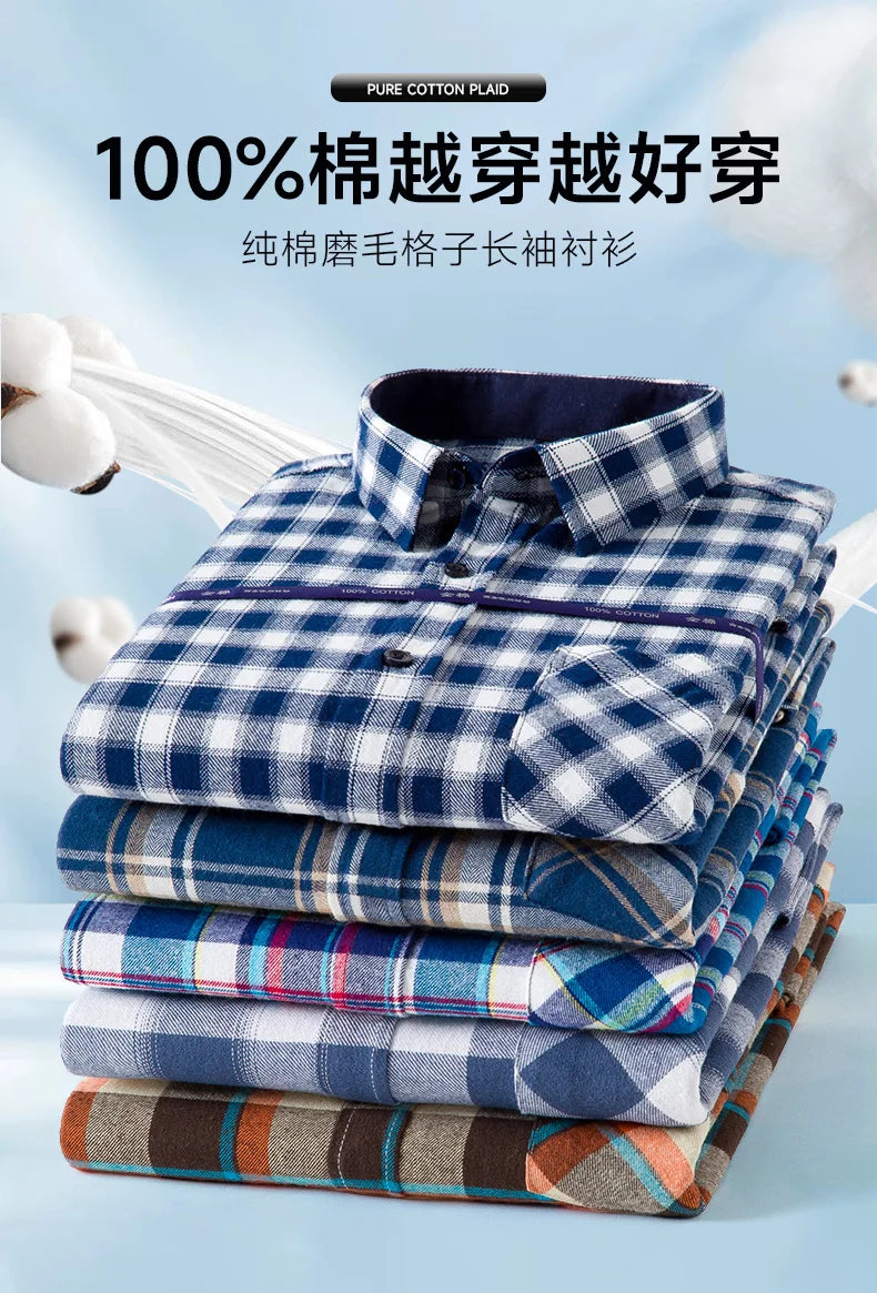 Pure Cotton Men's Plaid Shirts Long Sleeved Regular Fit Casual Office Fashion Shirts Leisure Autumn Male Check Blouses Plus Size