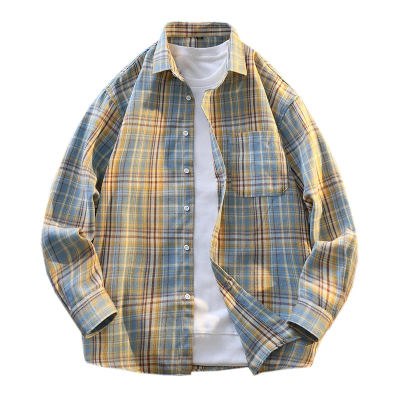 High-quality, fashionable, stylish, versatile and trendy men's checked long-sleeved shirt for autumn banquets and casual wear