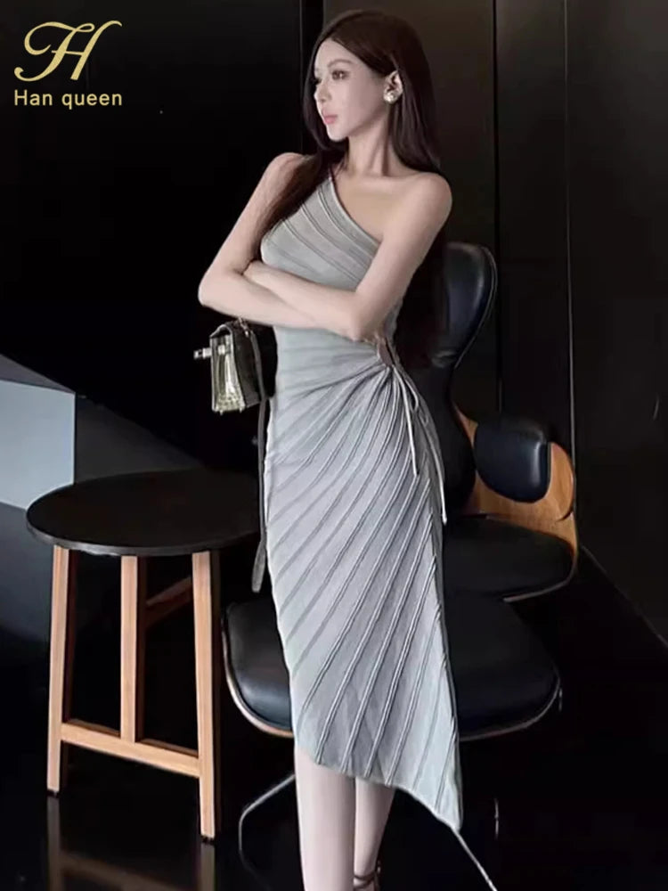 Women Elastic Summer Simple Party Dresses Sexy Irregular One Shoulder Stripe Sheath Pencil Dress