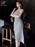 Women Elastic Summer Simple Party Dresses Sexy Irregular One Shoulder Stripe Sheath Pencil Dress