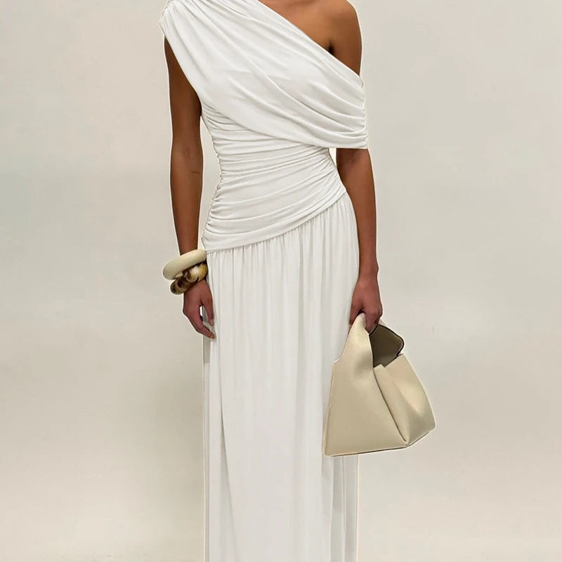 Hugcitar One Shoulder Ruched Sleeveless Solid Pleated Sexy Irregular Y2K Maxi Dress Summer Elegant Party Women Clothes Vacation