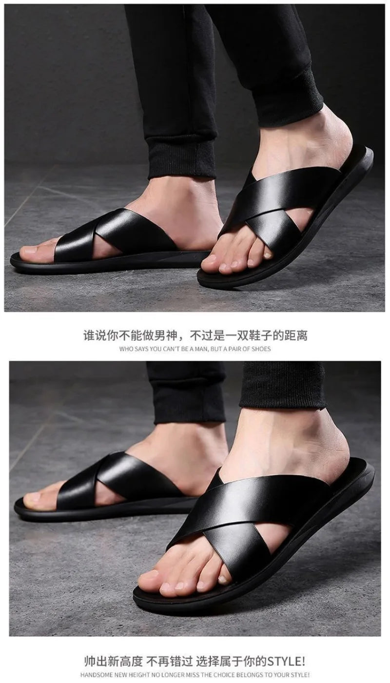 Men's Slippers Fashion Leather Slippers Outdoor Non Slip Beach Shoes for Men Light EVA Soft Sole Slippers 2025Summer New Slides