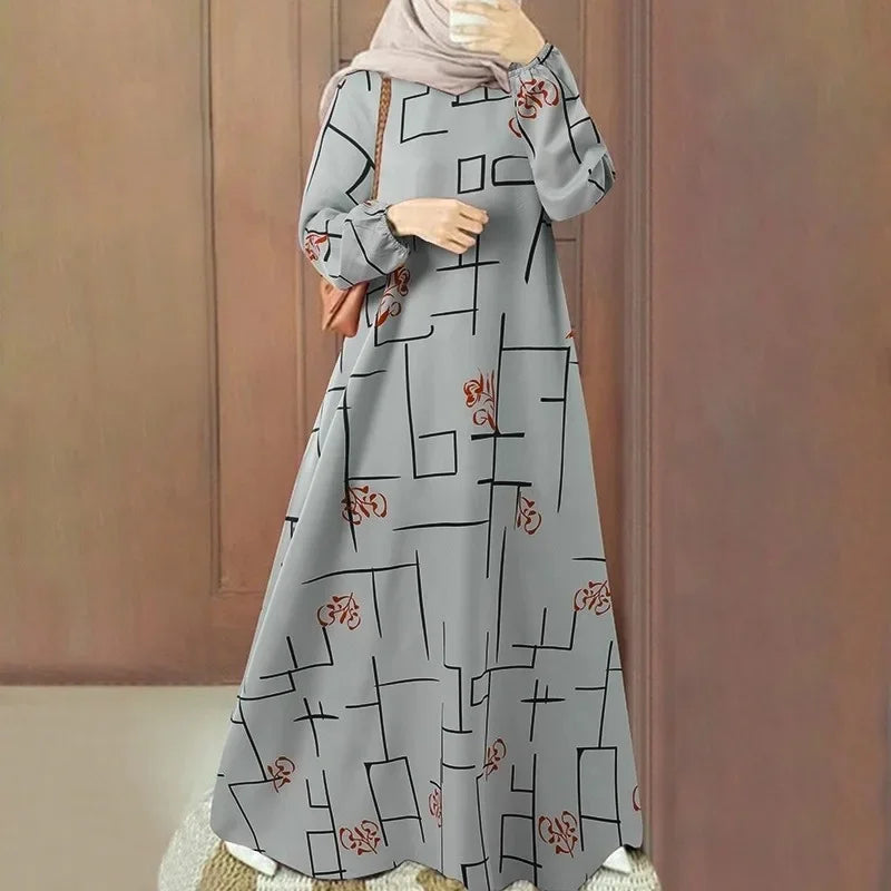 New 2025 Long Sleeve round Neck Printed Loose Fit Maxi Dress Women's Casual Wear Middle East Muslim Style Cross Border Fashion