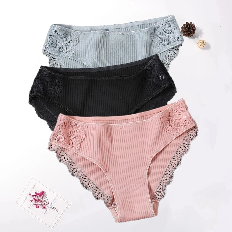 Floral Lace Cotton Women Panties Underwear Women Briefs Comfortable Female Underpants Solid Color Pantys Lingerie M-XXL 3PCS/Set