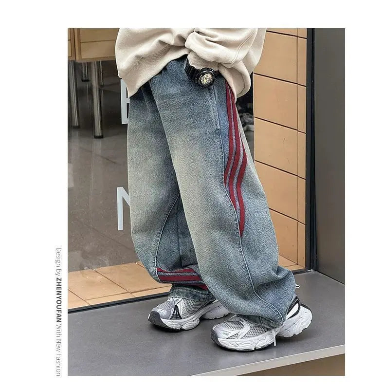 Spring 2026 Children Denim Pants YBFSKID Red Striped Spliced Toddler Kids Boys Jeans Little Baby Boys Trousers 2-10Y Boys Pants