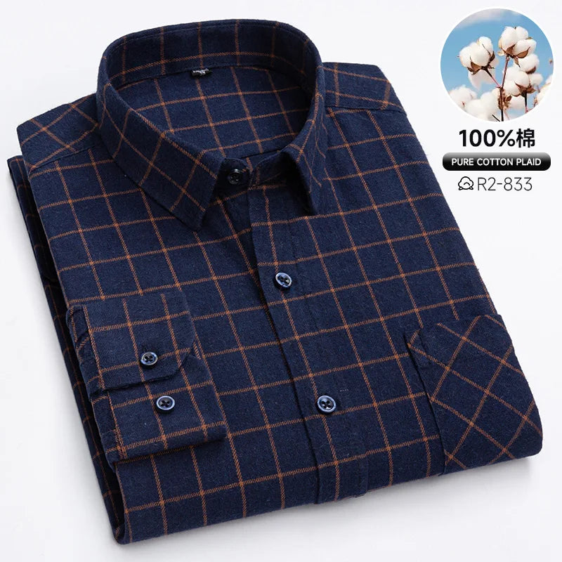 Pure Cotton Men's Plaid Shirts Long Sleeved Regular Fit Casual Office Fashion Shirts Leisure Autumn Male Check Blouses Plus Size