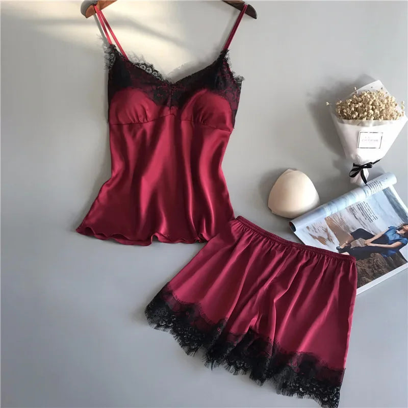 Women Summer Sleepwear Sexy Lace Satin Pajama Sets Lingerie Nightwear Sleeveless Tops+Shorts 2 Pcs Sets Loungewear