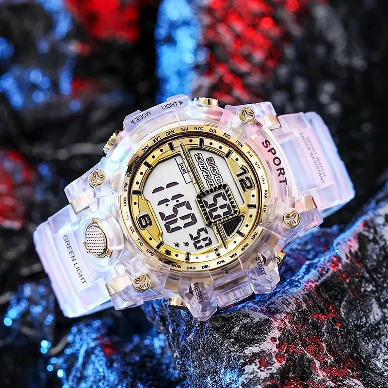 Outdoor Sport Transparent Digital Watch Men Women Alarm Clock 5Bar Waterproof Shock Creative Watches LED Display Wristwatch