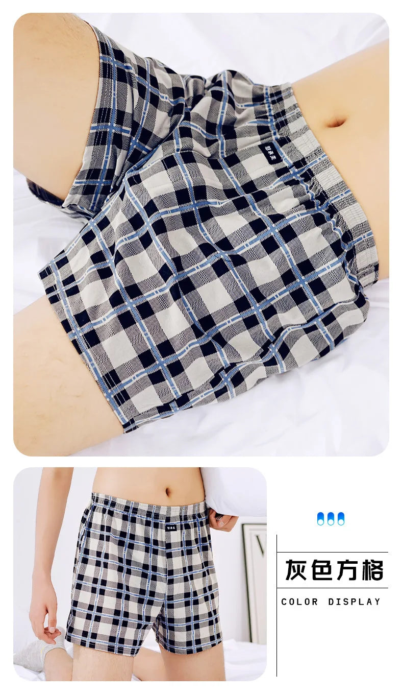 Breathable Cotton Men's Mid-Waist Shorts Plus Size Loose-Fit Plaid Underpants For Home Sleep Summer Loungewear
