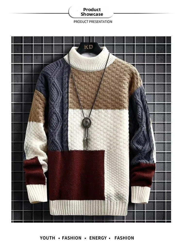Retro Spliced Thickened round Neck Sweater for Men Loose Fit Knitted Winter Fashion Casual Cotton Polyester Blend Knitwear